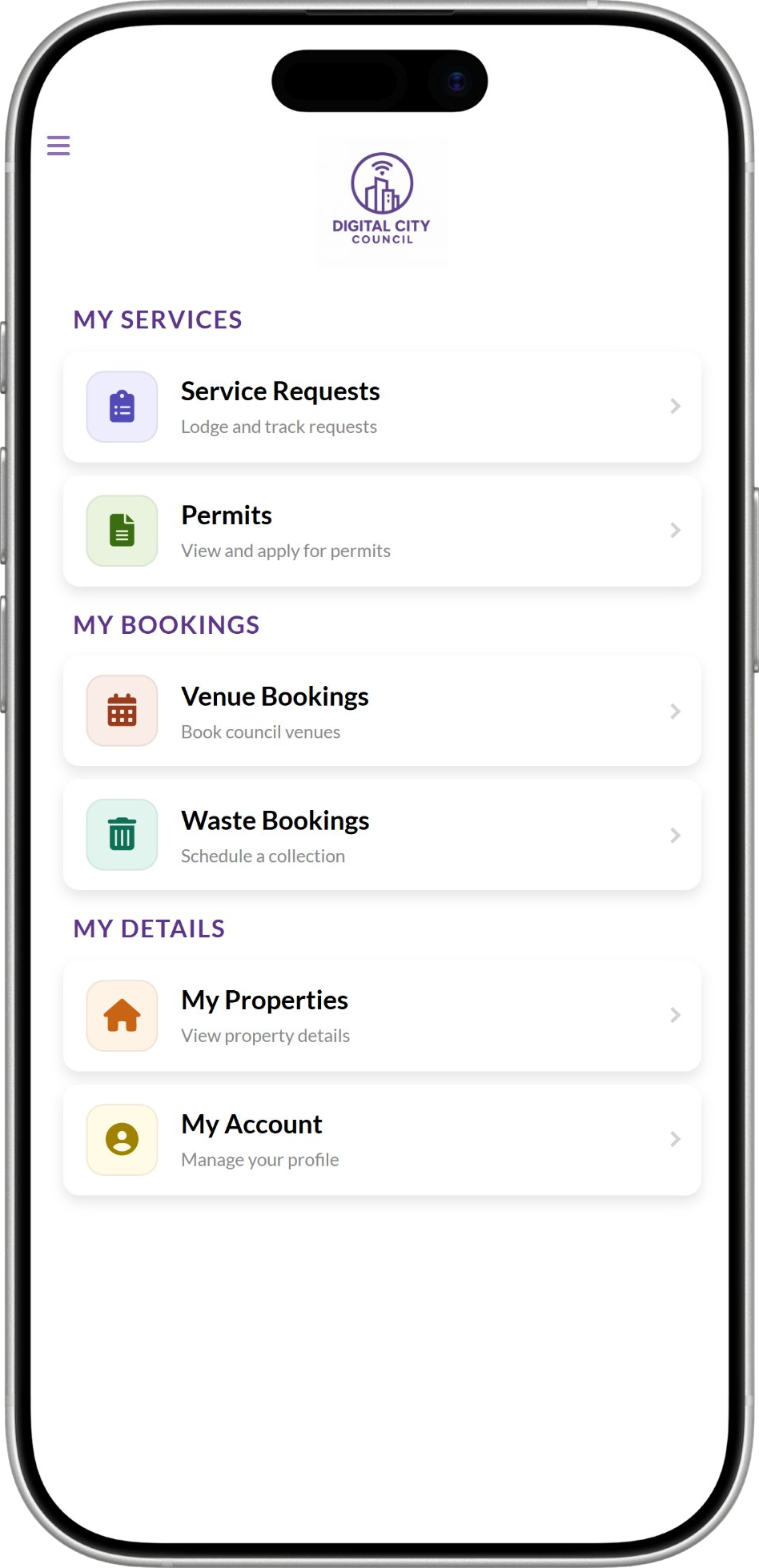 iConciergeCRM resident mobile app home screen showing service requests, waste bookings, properties and account menu